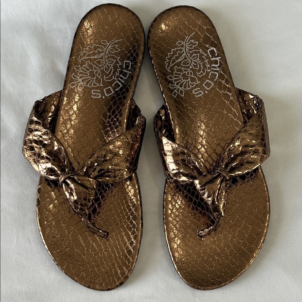Chico’s Metallic Bronze Snake Thong Sandals